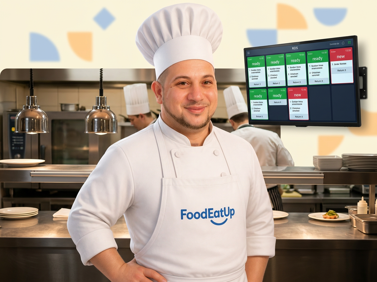 Écran de production FoodEatUp au passe de la cuisine