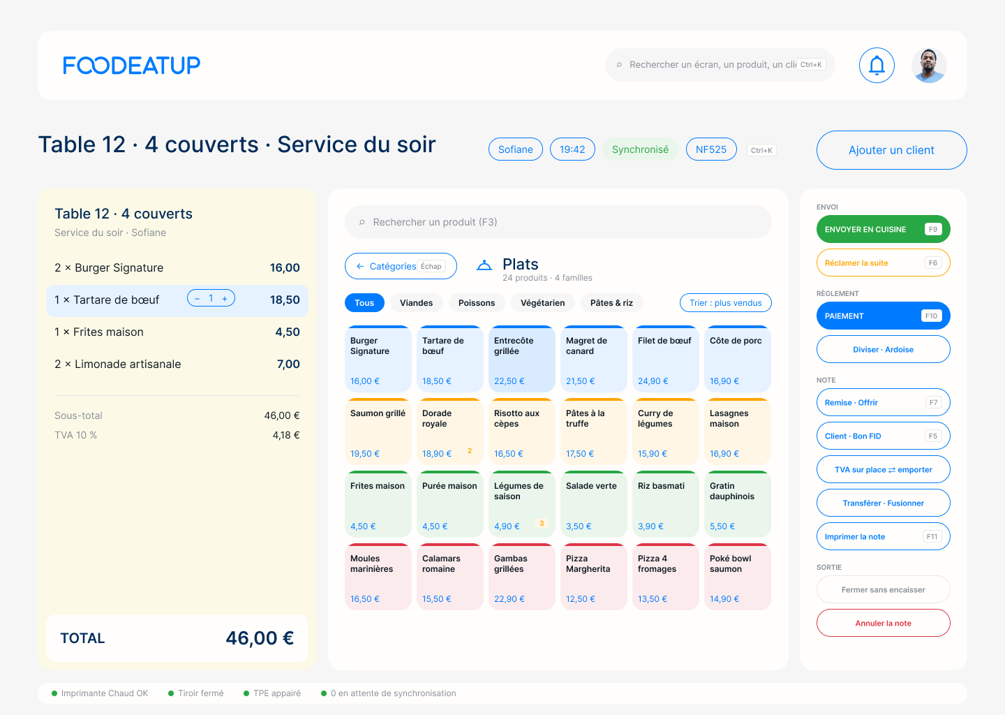 Écran de caisse FoodEatUp en prise de commande