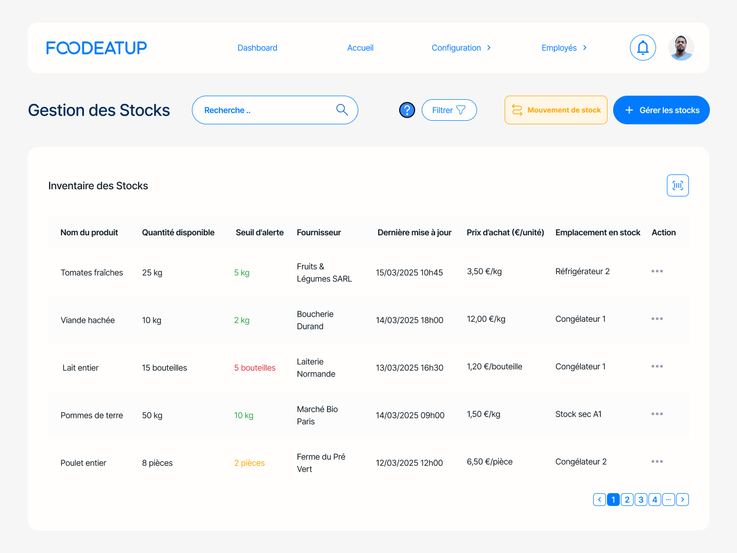 Écran de gestion des stocks et des mouvements